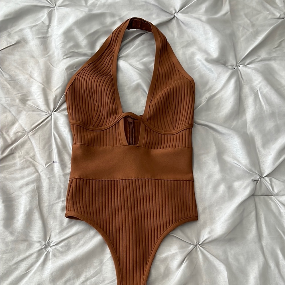 Brown Ribbed Halter Bodysuit